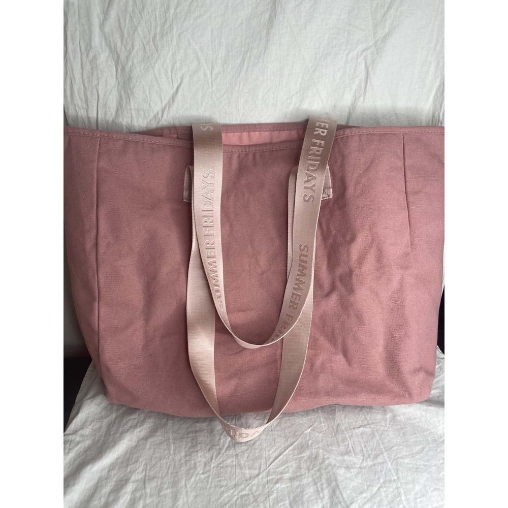 Summer Fridays Large Tote Bag Canvas Pink Salmon Beach Bag Double Handle 20"x14"
